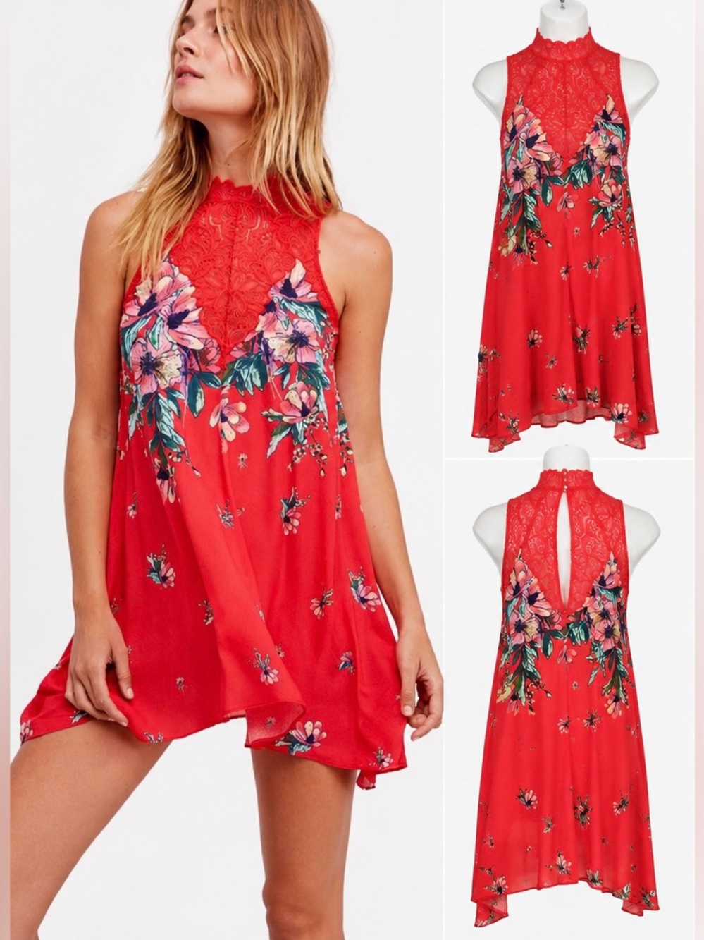 Free People Marsha Lace Slip Dress Red Floral Babydoll Mini Size Medium